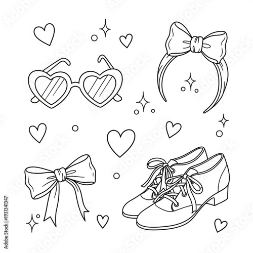 A minimalist line art illustration of fashionable accessories including heart shaped sunglasses, a bow headband, a bow, and shoes, surrounded by hearts and sparkles.