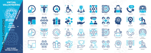 Virtual Volunteering icon set. Availability, Disability, Charity, Remote Work, Innovation, Consulting, Teamwork, Targets. Duotone color solid and editable outline icons