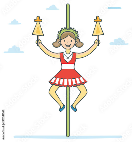 Happy Acrobat Swinging on Pole Holding Flags in the Sky, Performing Circus Act with Colorful Costume, Joyful Girl Cartoon Character