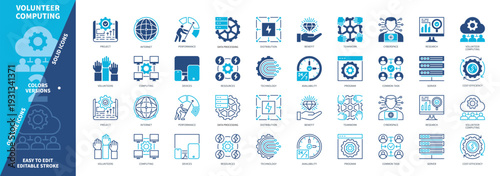 Volunteer Computing icon set. Server, Resources, Processing, Technology, Project, Performance, Teamwork, Benefit. Duotone color solid and editable outline icons