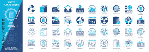 Waste Management icon set. Ecology, Recycling, Waste Treatment, Soil Pollution, Disposal, Radioactive, Water Pollution, Household. Duotone color solid and editable outline icons