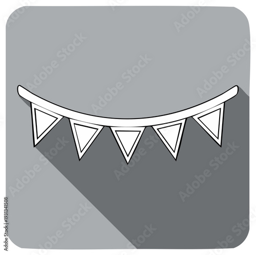 Monochrome party bunting flags icon with long shadow. Flat design vector illustration of a pennant banner for celebration.