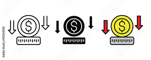 Money loss and deflation icon set. Dollar coin falling into a slot with down arrows symbol for financial crisis, budget cut, and economic recession design. Vector Illustration.