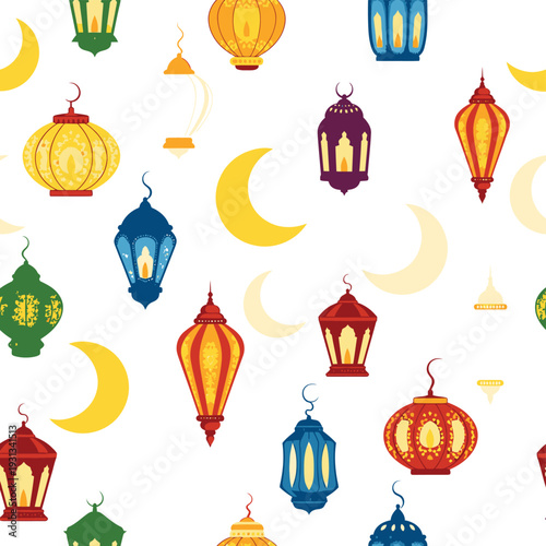 Colorful Lanterns and Crescent Moon Symbols.