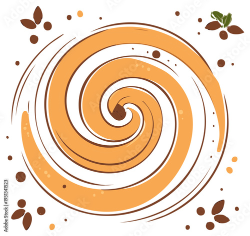 Swirling caramel sauce with chocolate drops and almond garnish