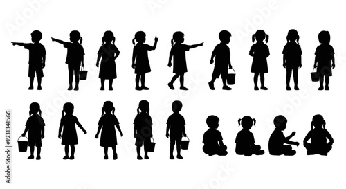 children silhouettes in various active poses like pointing walking and sitting depicting diverse childhood activities and development.