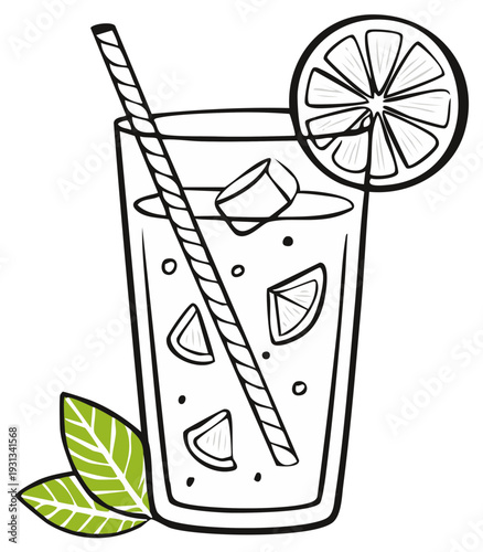 Refreshing summer drink in a glass with ice cubes and lemon slice with a straw