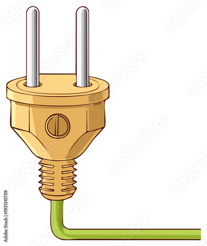 Cartoon illustration of a two pin electrical power plug with a green cord