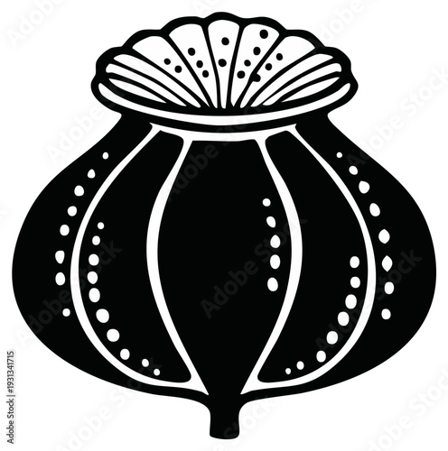 Stylized Black Silhouette of a Poppy Seed Pod with Decorative Dots and Petal-like Top