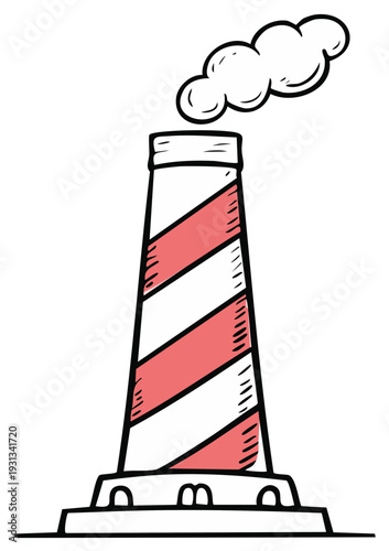 Illustrated factory chimney emits smoke into the air with a simple red and white stripe design for industry or environmental themes