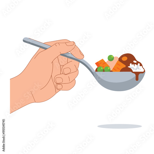 Hand holding spoon with assorted food.