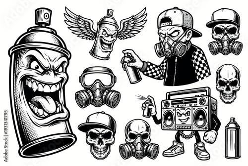 Graffiti Culture Character Set featuring Cartoon Spray Cans Boombox Skulls with Gas Masks and Urban Street Artists for Apparel Branding Edgy Sticker Design and Underground Hip Hop Music Marketing Vect