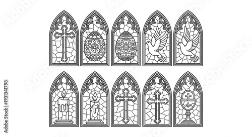 christian gothic stained glass windows with religious symbols crosses easter eggs doves candles and chalice for spiritual designs.