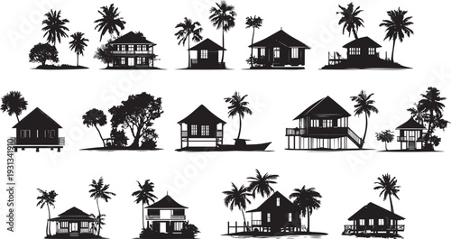 Tropical Houses and Bungalows Silhouette Vector Set