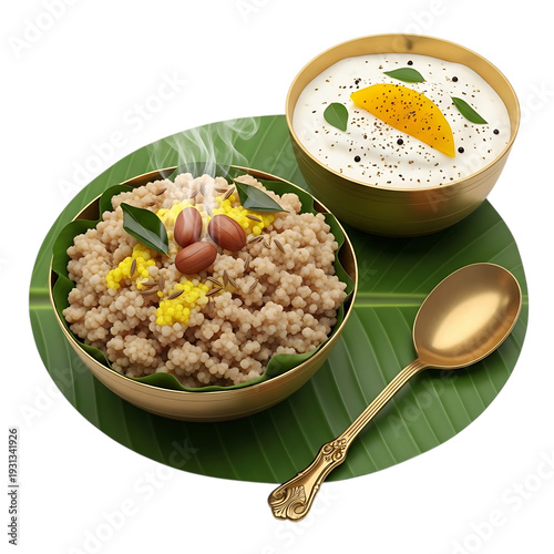 Steaming Sabudana Khichdi with Peanuts and Yogurt Dip, background removed.