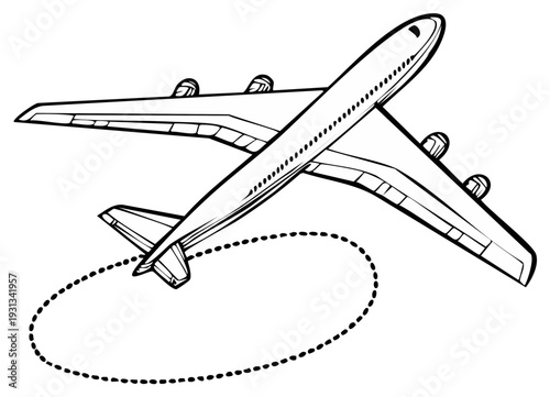 Illustration of a four-engine jet airliner flying in a circle, isolated graphic