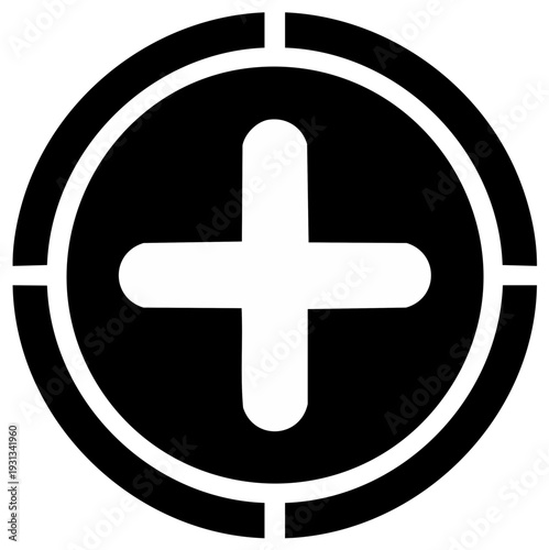 White plus symbol inside a black circle with targeting marks concept design