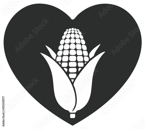 Heart shape enclosing a stylized white corn cob with green husks and kernels