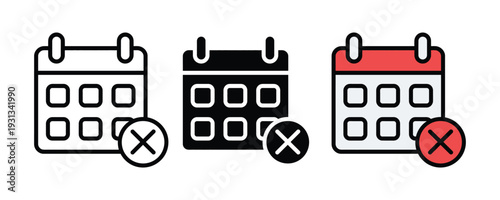 Calendar with cancel cross icon set. Appointment cancellation, expired date, and event removal symbol for schedule management and deadline design. Vector Illustration.