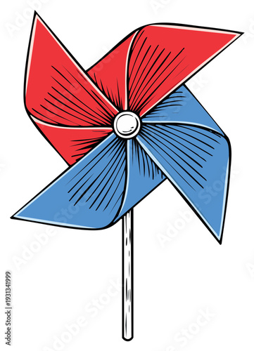 Whimsical Pinwheel Spinner with Red and Blue Blades, Hand-drawn Style, Toy, Illustration