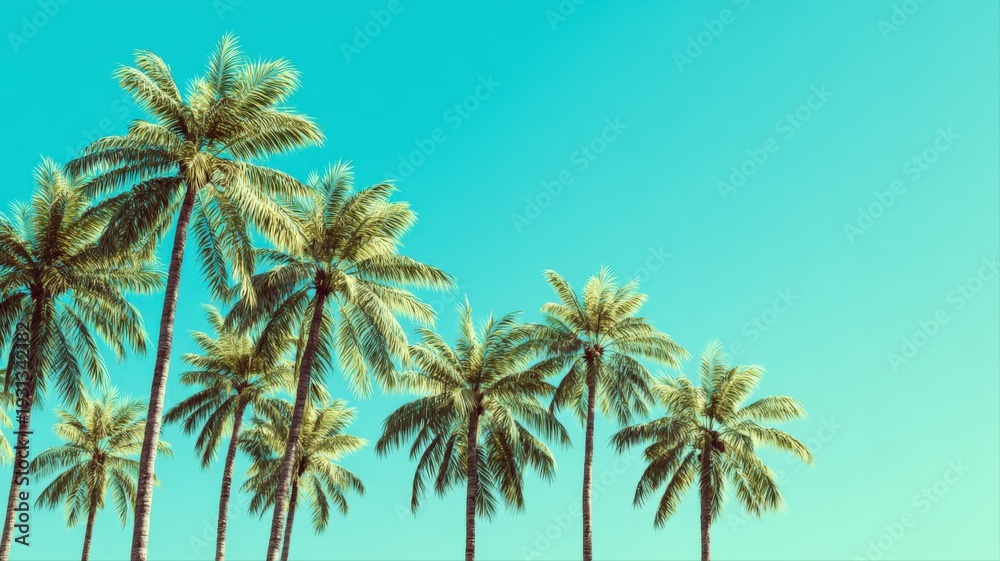 Fototapeta premium Vibrant Palm Trees Against Azure Sky: A Tropical Paradise Scene for Summer Getaways