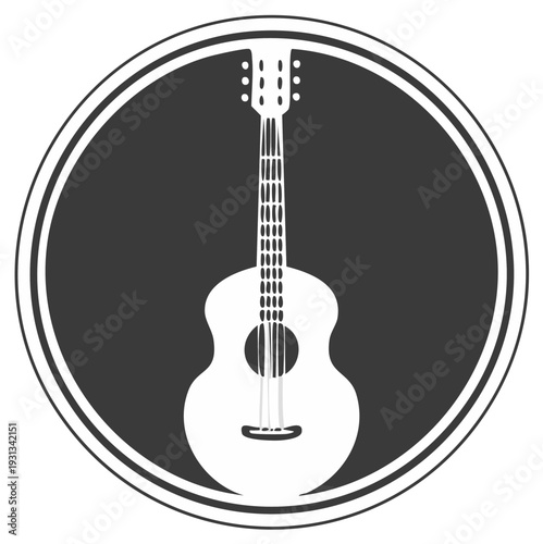 Silhouette of acoustic guitar inside a circular frame.