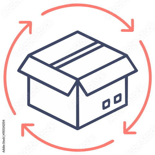 Open cardboard box with circular arrows indicating return or delivery process
