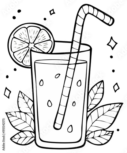Refreshing beverage in a tall glass with a straw, lemon slice, and foliage sketch.