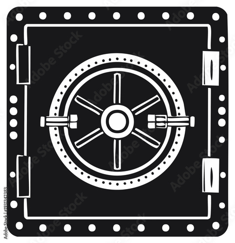 Heavy steel bank vault door with a circular wheel lock, a bold black and white graphic illustration