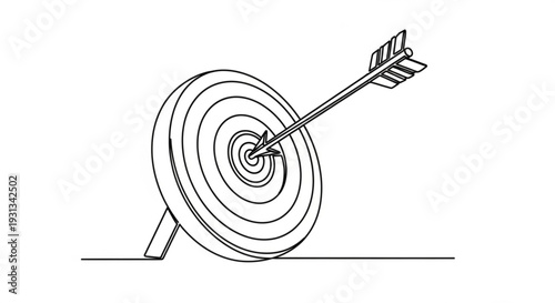 An arrow hitting the center of a target on a stand from a side viewpoint in a simple illustration