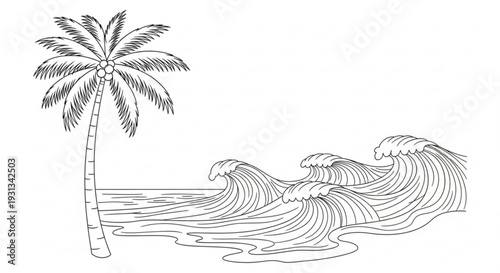 A serene beach scene with a palm tree standing tall beside crashing ocean waves from a distant viewpoint