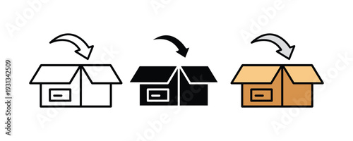 Open cardboard box with return arrow icon set. Product return policy, order exchange, and unboxing delivery symbol for e-commerce and logistics design. Vector Illustration.
