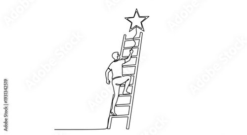 Man climbing a tall ladder to reach a star, symbolizing ambition and achievement, viewed from the side in a simple illustration