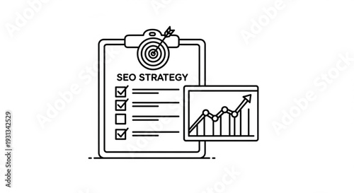 Illustration of SEO strategy on clipboard with chart showing upward trend