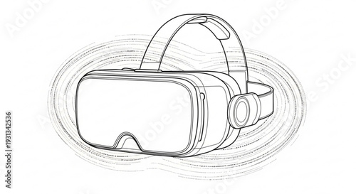 A virtual reality headset is placed on a plain surface, showcasing its sleek design and futuristic technology in a simple line drawing style from a straightforward viewpoint.