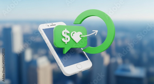 Smartphone with financial and social media icons on screen.