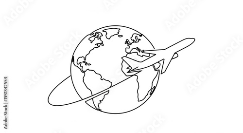 A continuous line drawing of an airplane flying around the Earth from a global viewpoint in a minimalist illustration style