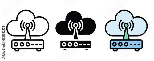 Cloud router with Wi-Fi signal icon set. Wireless internet gateway, network connectivity, and cloud computing data transfer symbol for telecommunication design. Vector Illustration.