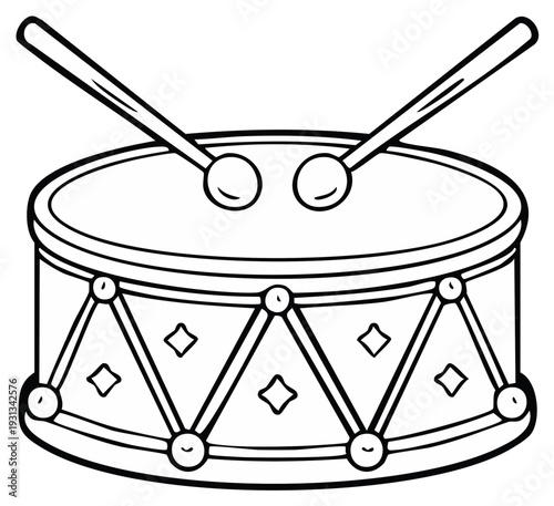 Line drawing of a drum and drumsticks, a musical instrument for sound creation