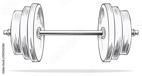 Hand drawn style barbell with weight plates, fitness and workout equipment.