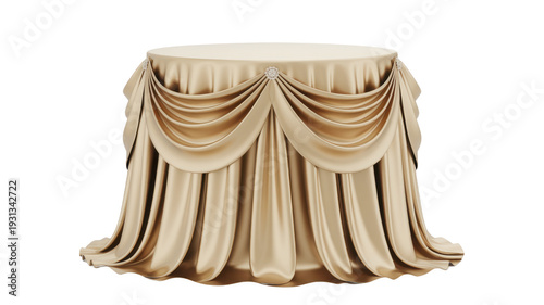 Beige tablecloth with decorative swags round table isolated on a transparent background