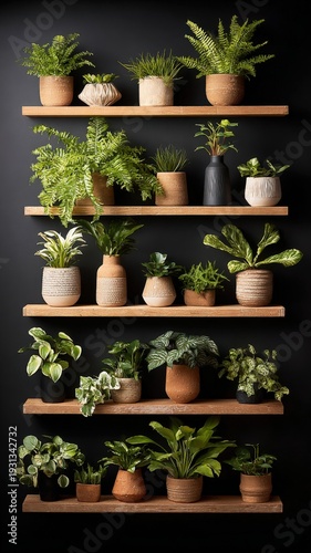 Collection of Potted Houseplants Arranged on Wooden Shelves Against a Dark Wall, Ideal for Interior Decor