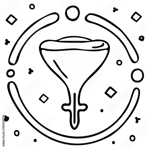 Doodle style menstrual cup in circular frame for feminine hygiene symbol on a white background