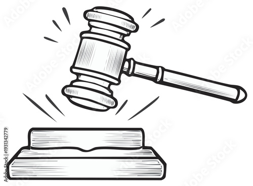Hand-drawn gavel hitting sounding block symbolizing auction, law, judgment, legality, decision, and verdict.