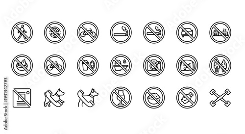 collection of outline prohibition signs indicating forbidden activities and important rules for public safety