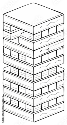 Jenga tower illustration. Construction game of wooden blocks stacking in balance.