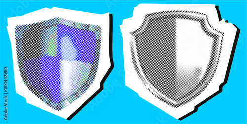 Set shield dot halftone scrapbook vector for retro security zines. Ideal for symbolizing vintage cyber protection, pop art digital defense, and nostalgic internet safety concepts.