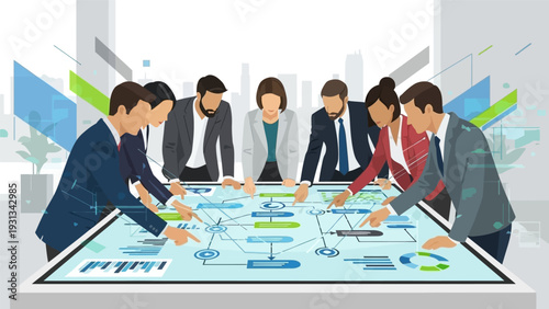 Business Team Analyzing Digital Flowchart Data on Interactive Table. Corporate Strategy Meeting and Collaboration Vector Illustration.
