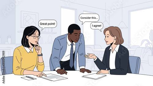 Diverse Team Collaboration and Agreement: Business Professionals Discussing Ideas and Giving Positive Feedback with Speech Bubbles Illustration