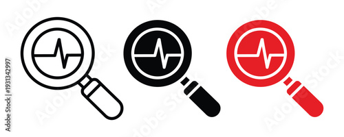 Magnifying glass with heartbeat pulse icon set. Medical research, health monitoring, and diagnostic analysis symbol for healthcare and wellness design. Vector Illustration.